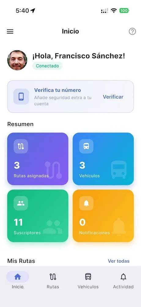 Dashboard de inicio del conductor
