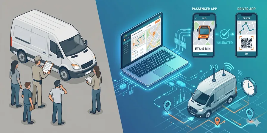 Comparación entre gestión de transporte manual y digital con GPS, apps de conductor y pasajero