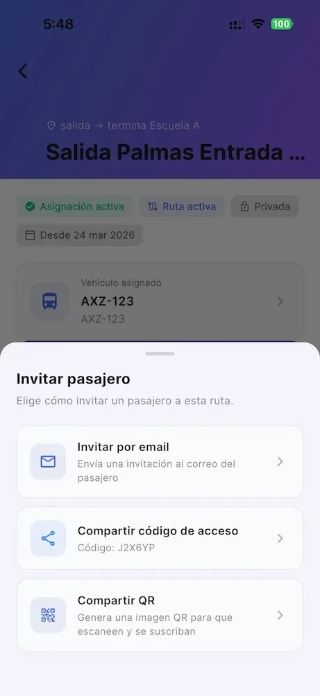 Invita pasajeros por email, código o QR